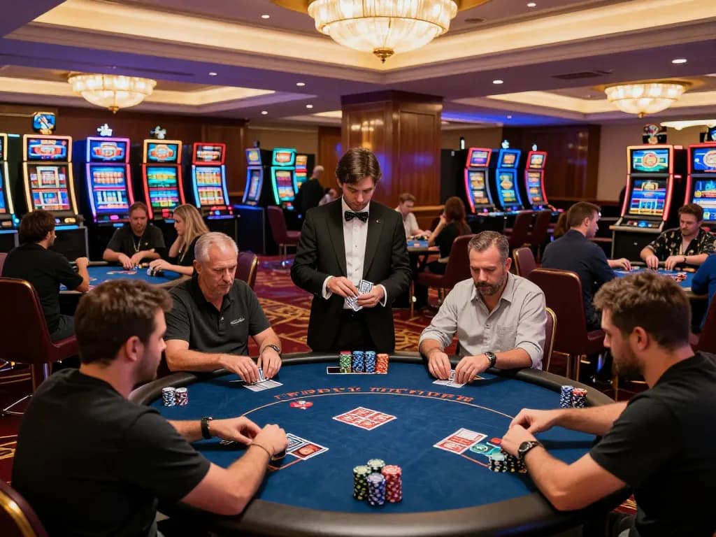 Players engage at poker tables in a vibrant casino, showcasing the excitement of OK8386 gaming.