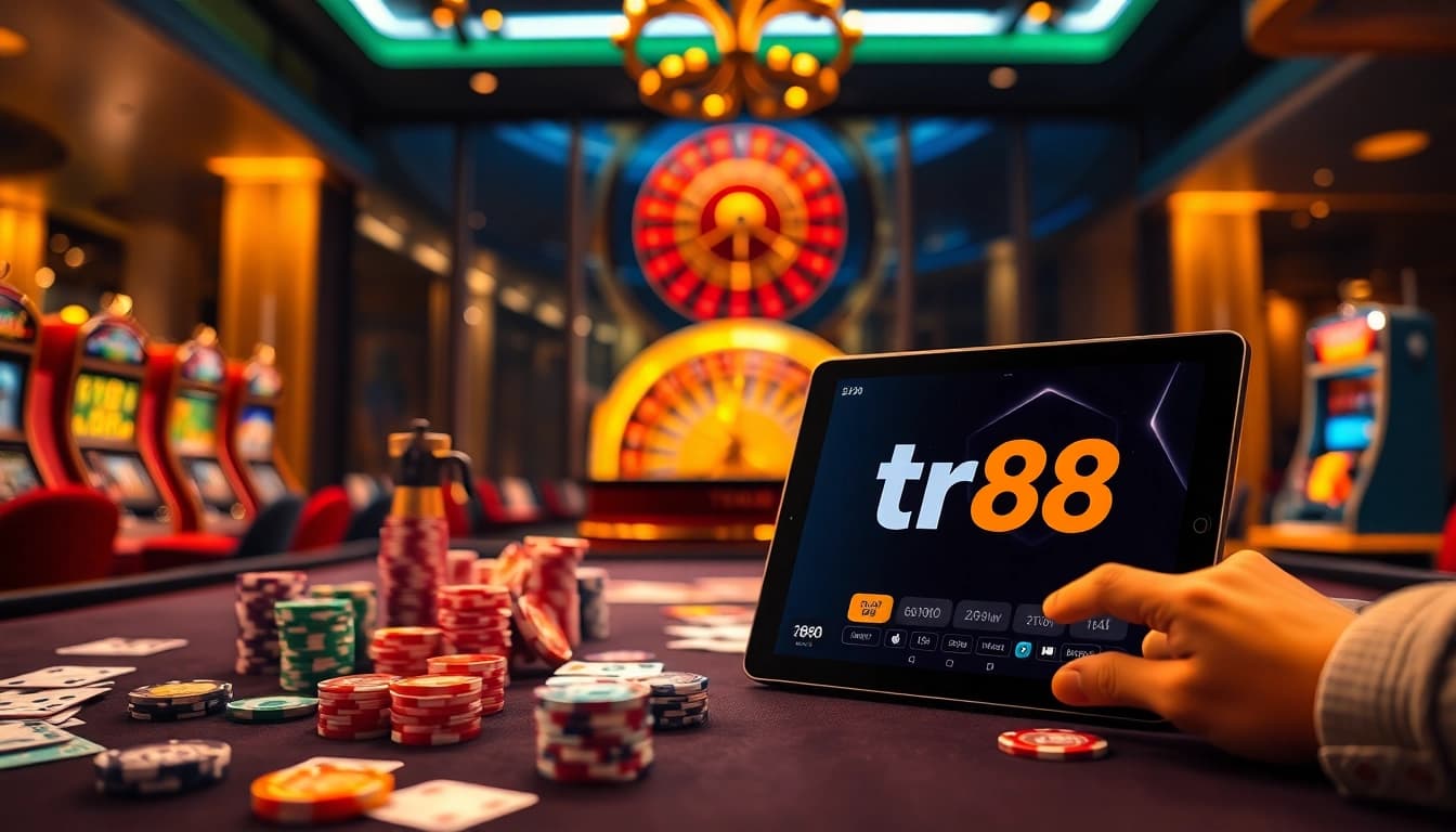 Vibrant casino scene with tr88 branding on tablet, featuring poker games.