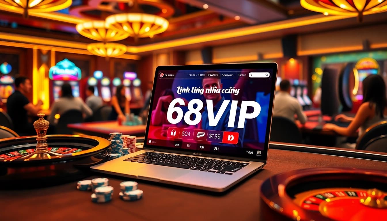 Engaging gamblers using Link Vào Nhà Cái 68VIP on vibrant casino interface with chips and roulette.