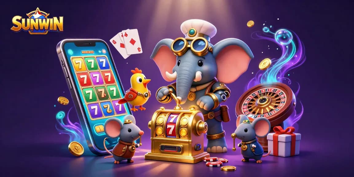 SUNWIN engages players with an exciting 3D scene featuring a steampunk elephant and vibrant slot games.