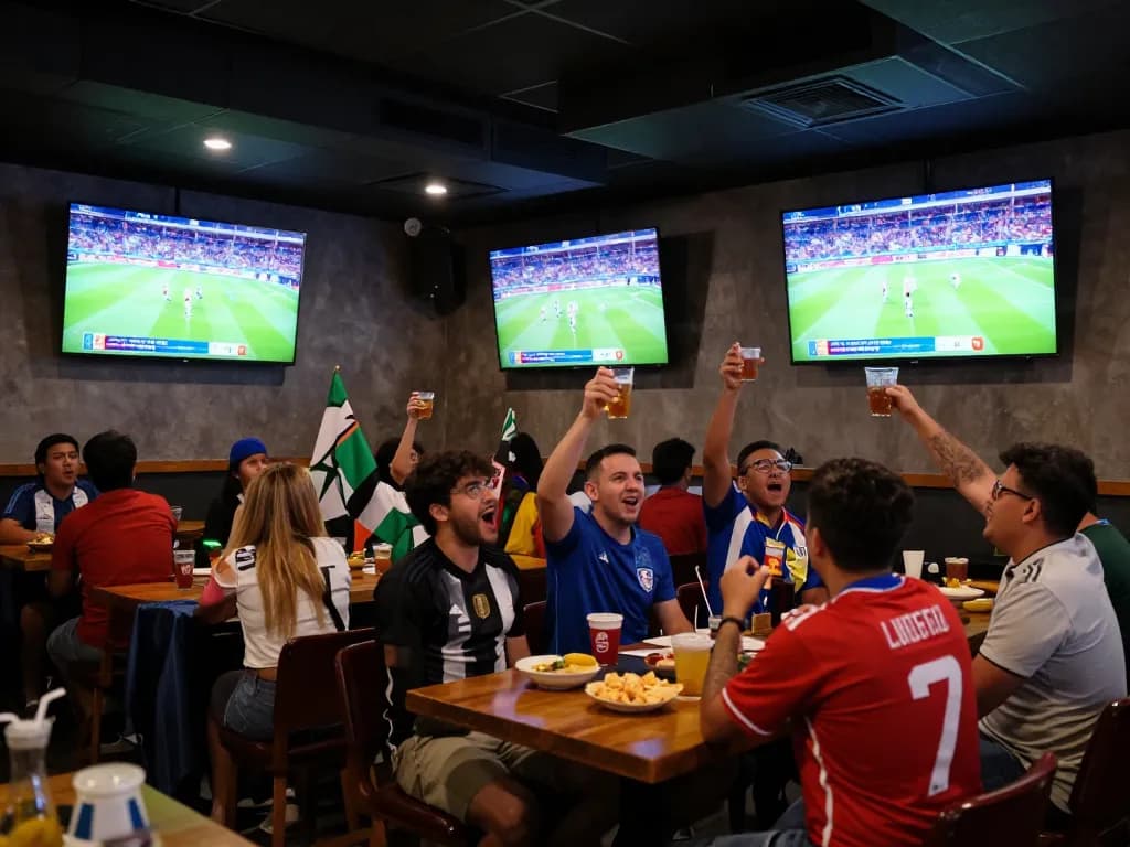 Experience trực tiếp bóng đá copa america with lively crowd cheering at sports bar during the match
