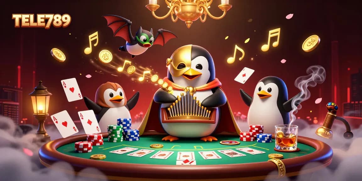 Experience thrilling gaming action at TELE789 with a vibrant cartoon scene featuring poker and casino elements.