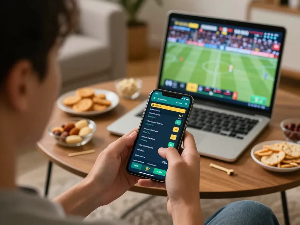 Player using nhà cái S666 for live sports betting on a smartphone in a cozy home setting.