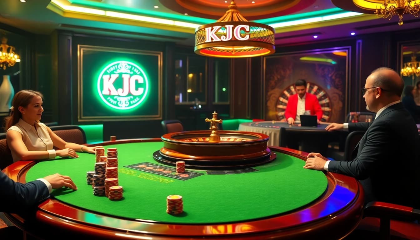 KJC branded casino scene showcasing players engaged around a luxurious poker table with chips.