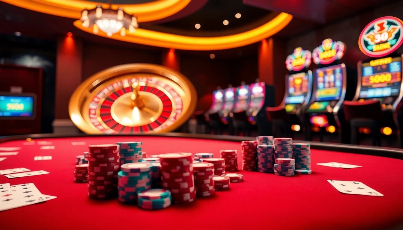 Experience the elegance of W88's online casino with vibrant chips, roulette wheels, and slot machines.