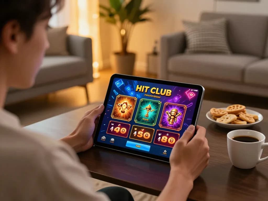 Engaging with HIT CLUB casino app during a cozy online gaming session at home.