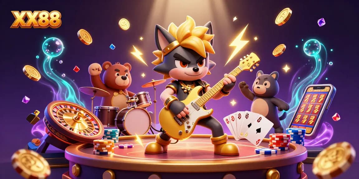 Experience thrilling gameplay at XX88 with a rock star wolf and a drummer bear on stage.