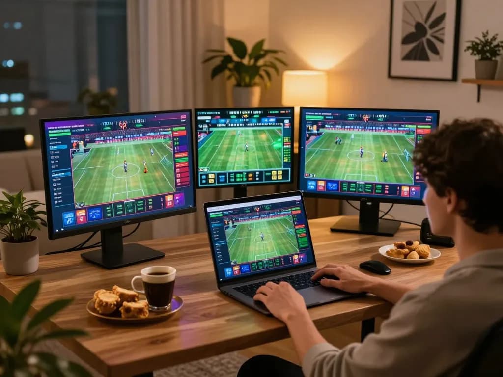 Betting on live sports at home with 68win, featuring an interactive interface and modern decor.