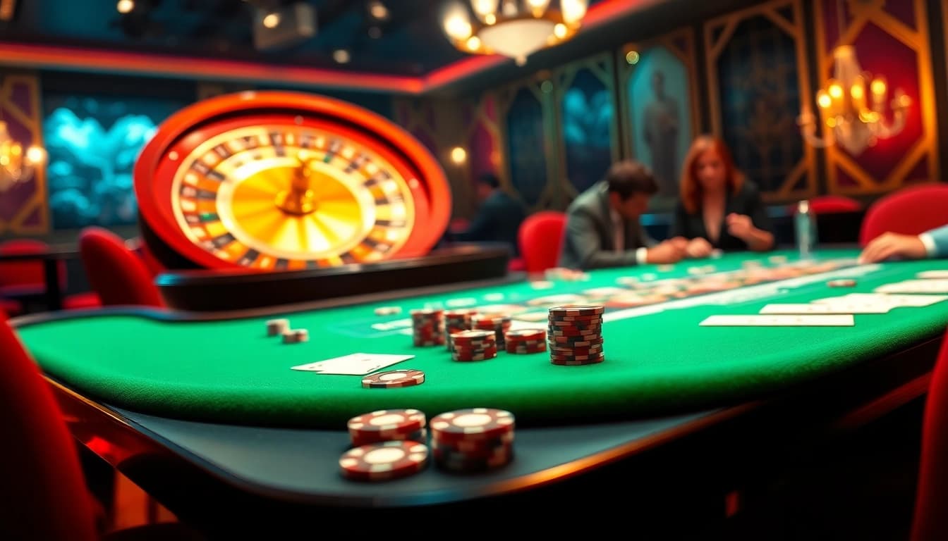 Engaged players at a luxurious 789club casino table, showcasing poker chips and a roulette wheel.