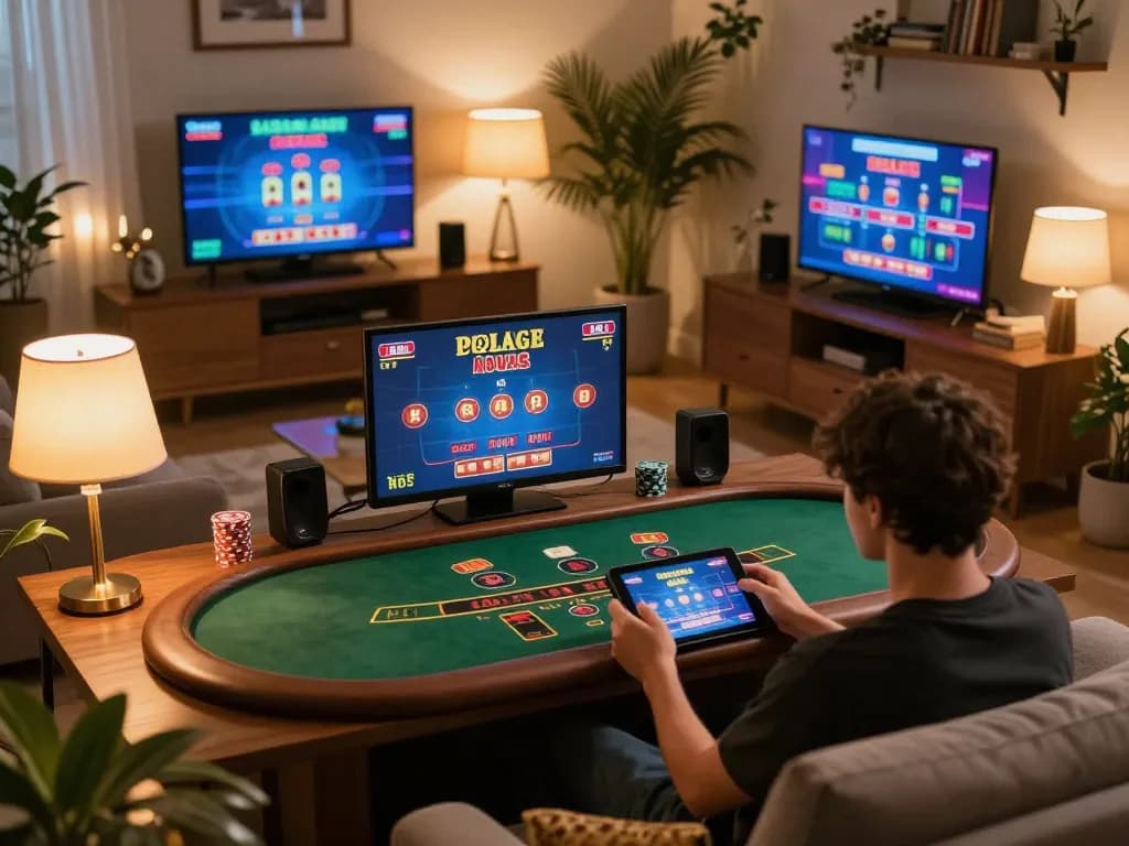 Player enjoying tr88 online casino blackjack game on tablet in cozy living room setting