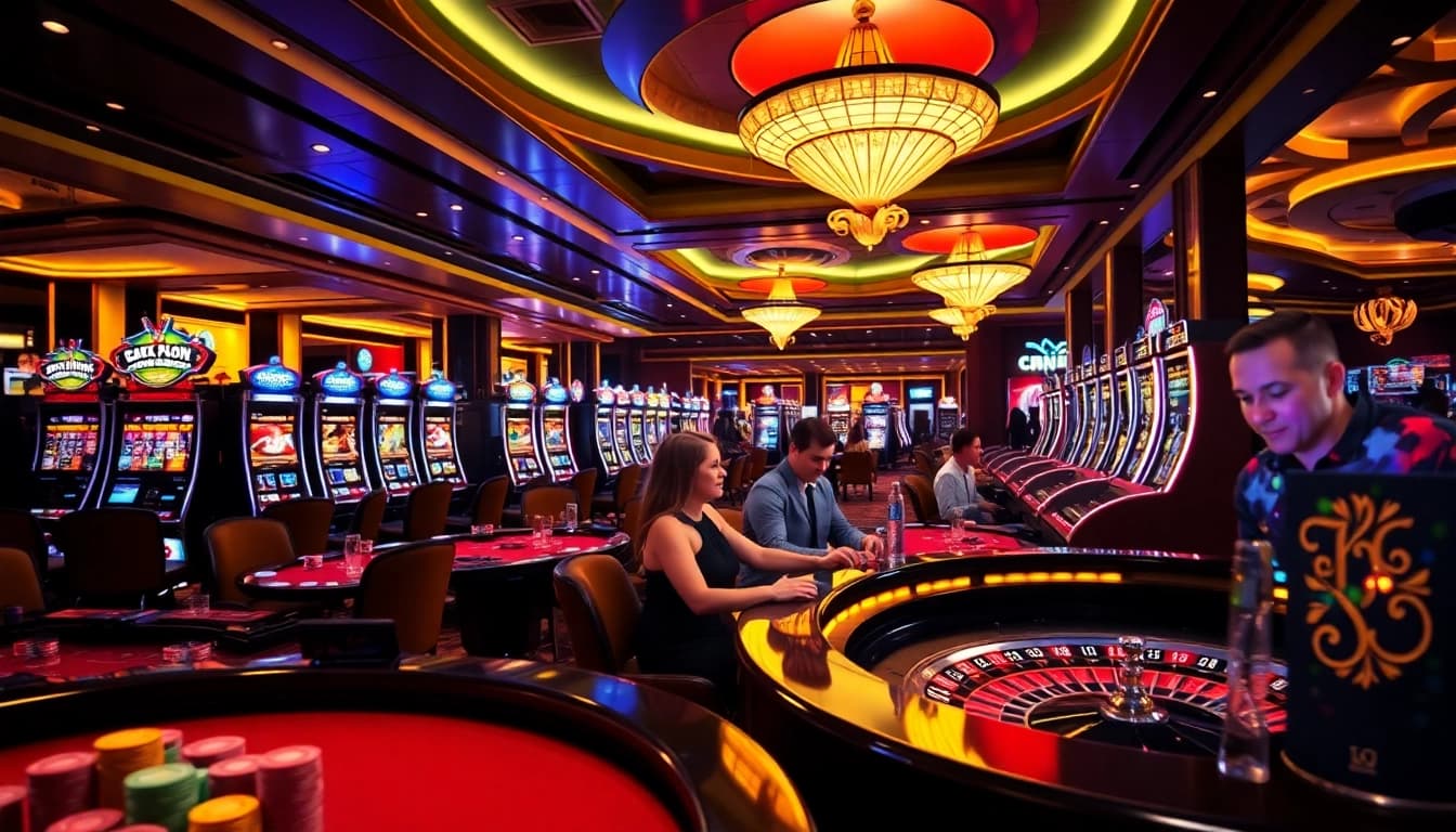 Experience the thrill of gambling at https://nohudoithuong.us/ with a vibrant casino scene filled with slot machines and excited players.