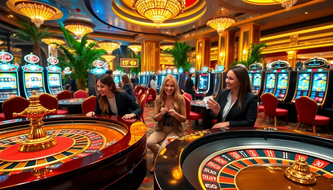 Mocbai casino scene showcasing luxury gaming tables and engaging players in a vibrant atmosphere.