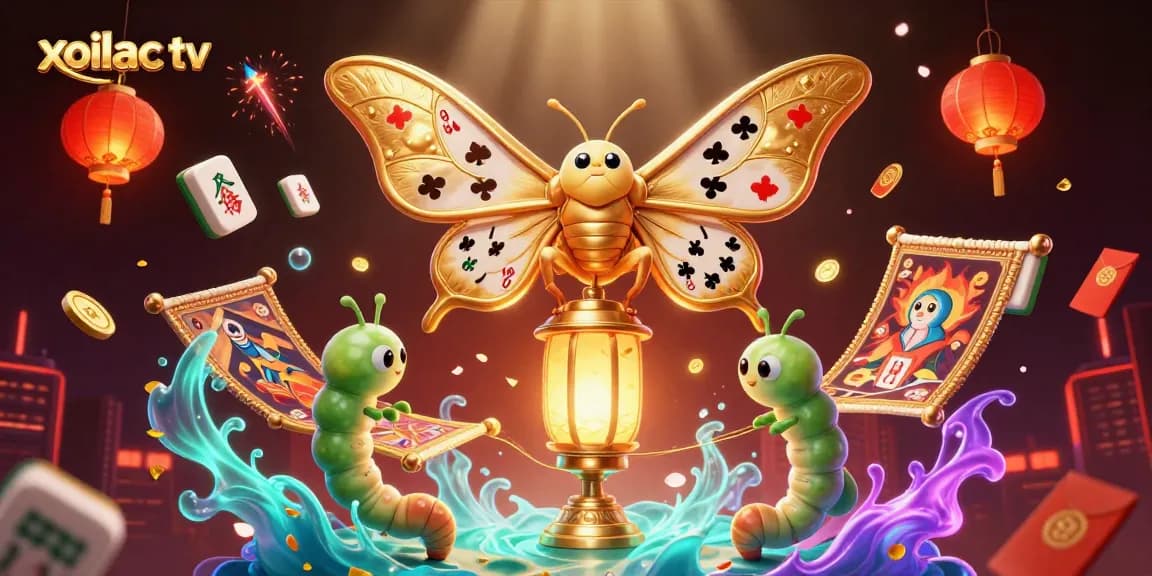 Xoilac TV showcases a vibrant casino scene with an atlas moth, golden casino elements, and festive decor.