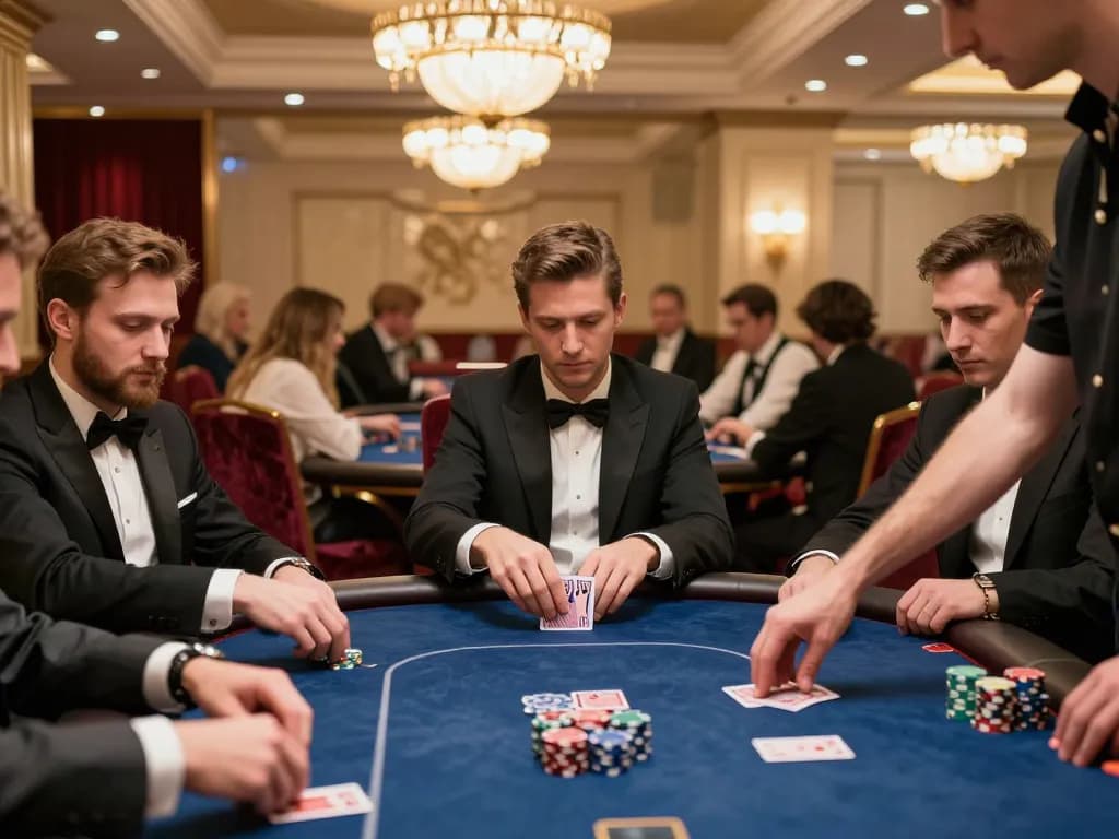 Players engaging in a strategic TR88 poker game at an upscale casino table, capturing the excitement and luxury.