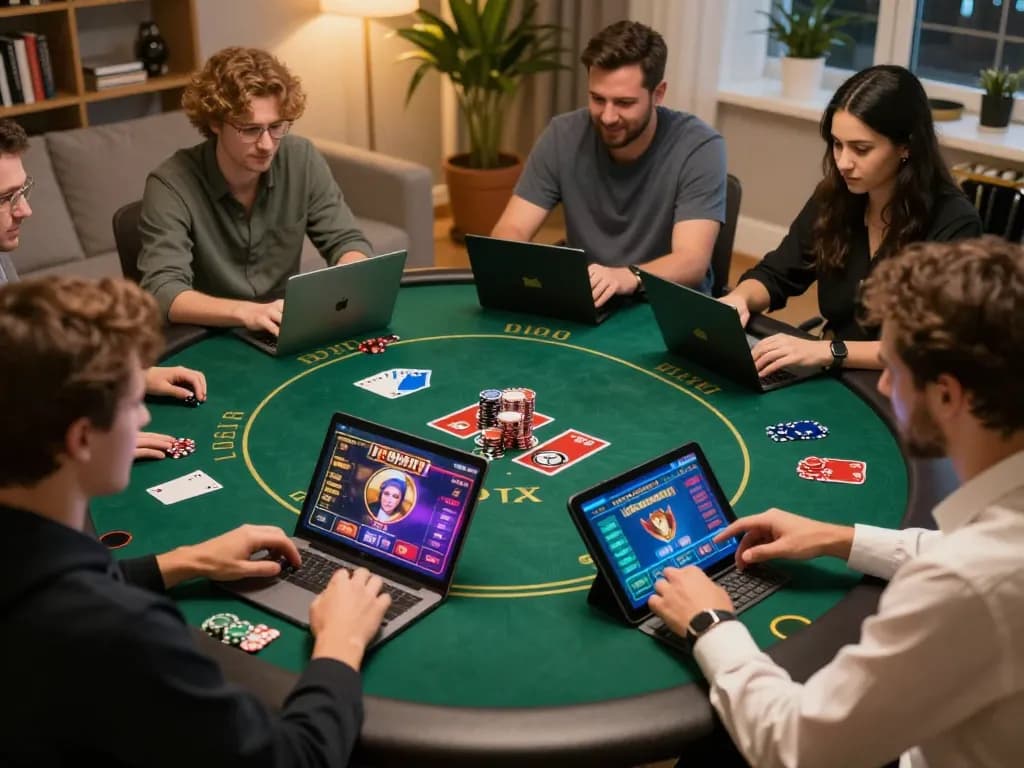 Players engaging in VA88 online gambling games on laptops, showcasing strategic gameplay.