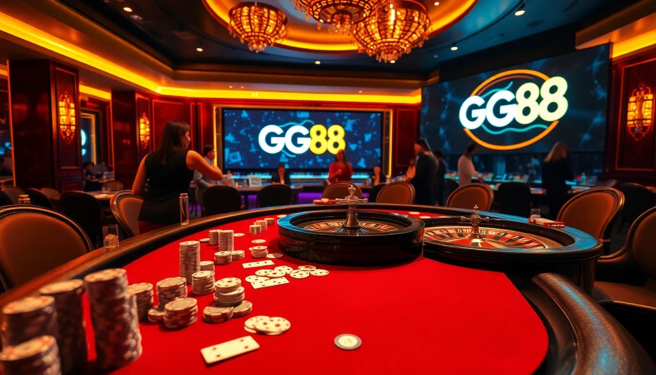 Experience the excitement of GG88 at a luxurious casino poker table with vibrant chips and professional dealers.