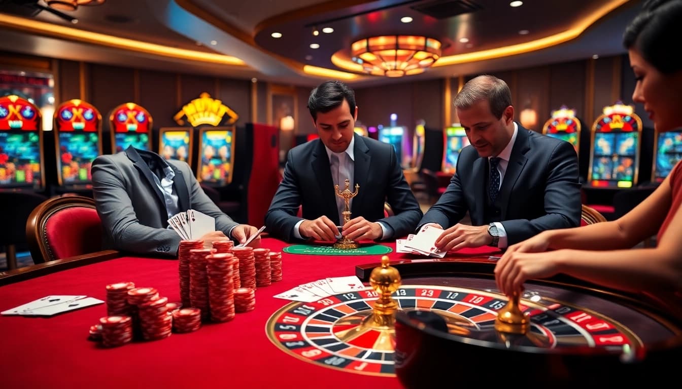 The excitement of players enjoying online gambling via https://vu88.tech/ at a luxurious casino table.