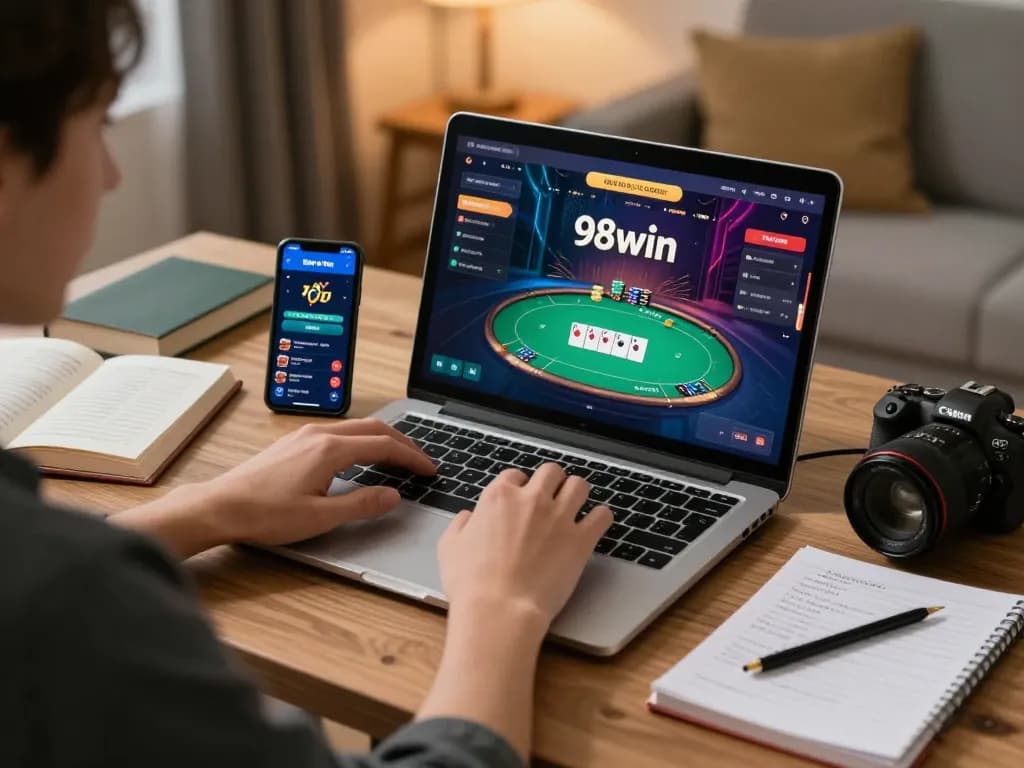 Engaging in strategic online gaming with 98win on a laptop in a cozy home setting.