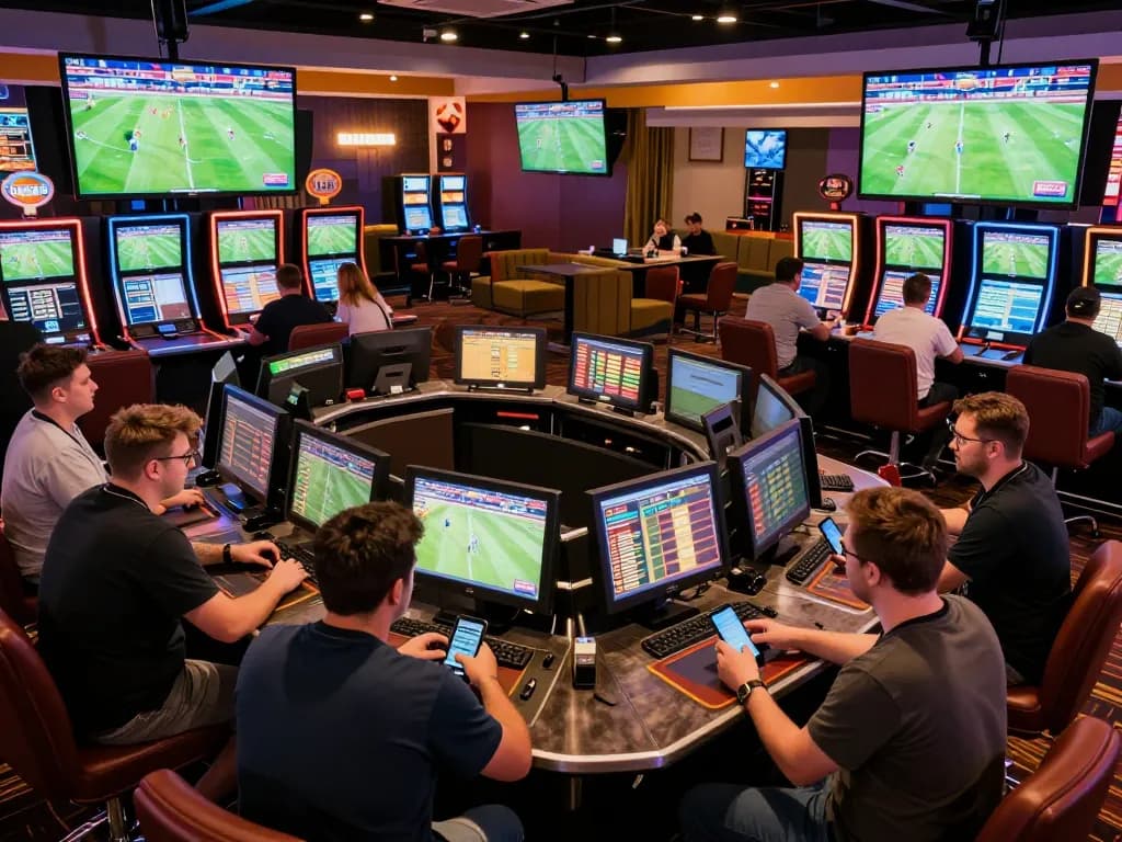 BONG88 players actively placing bets in a modern sports betting area with multiple screens showing live football matches