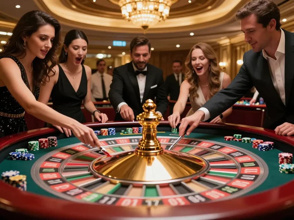 Players engage at a vk88 roulette table, heightened excitement in a luxurious casino setting