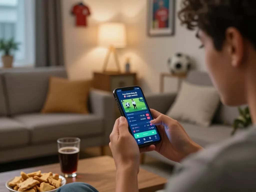Engaging in trực tiếp bóng đá copa america live betting from home, focusing on smartphone interface.