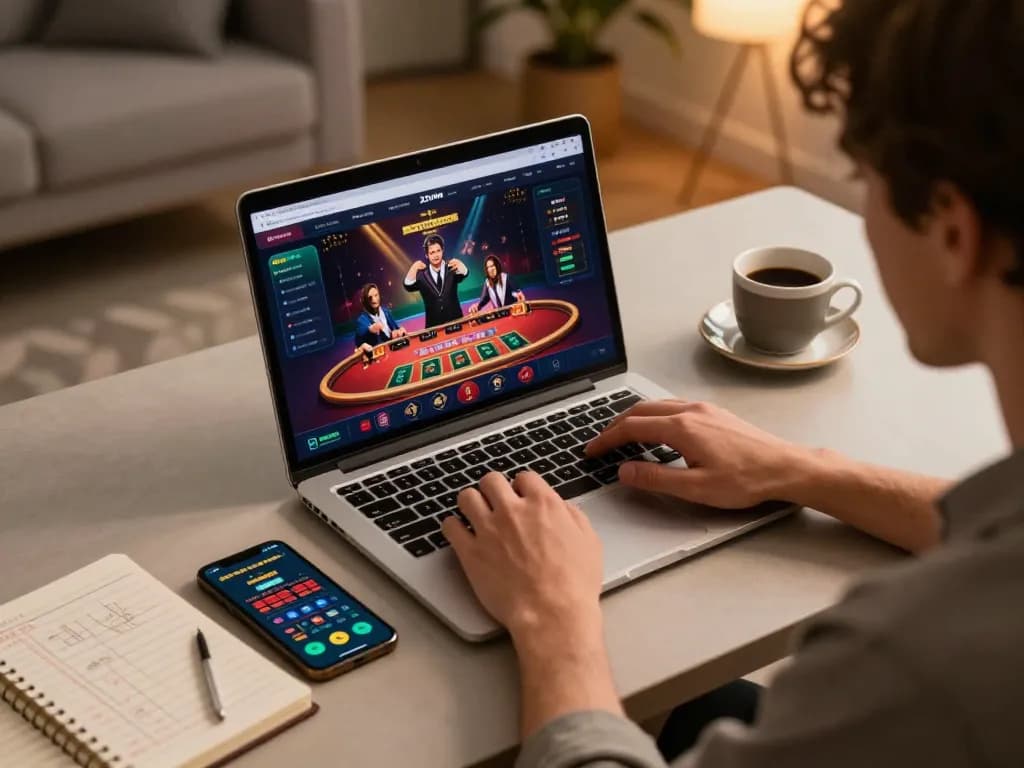 32win player enjoying live dealer game at a modern online gaming setup with strategy notes and smartphone.