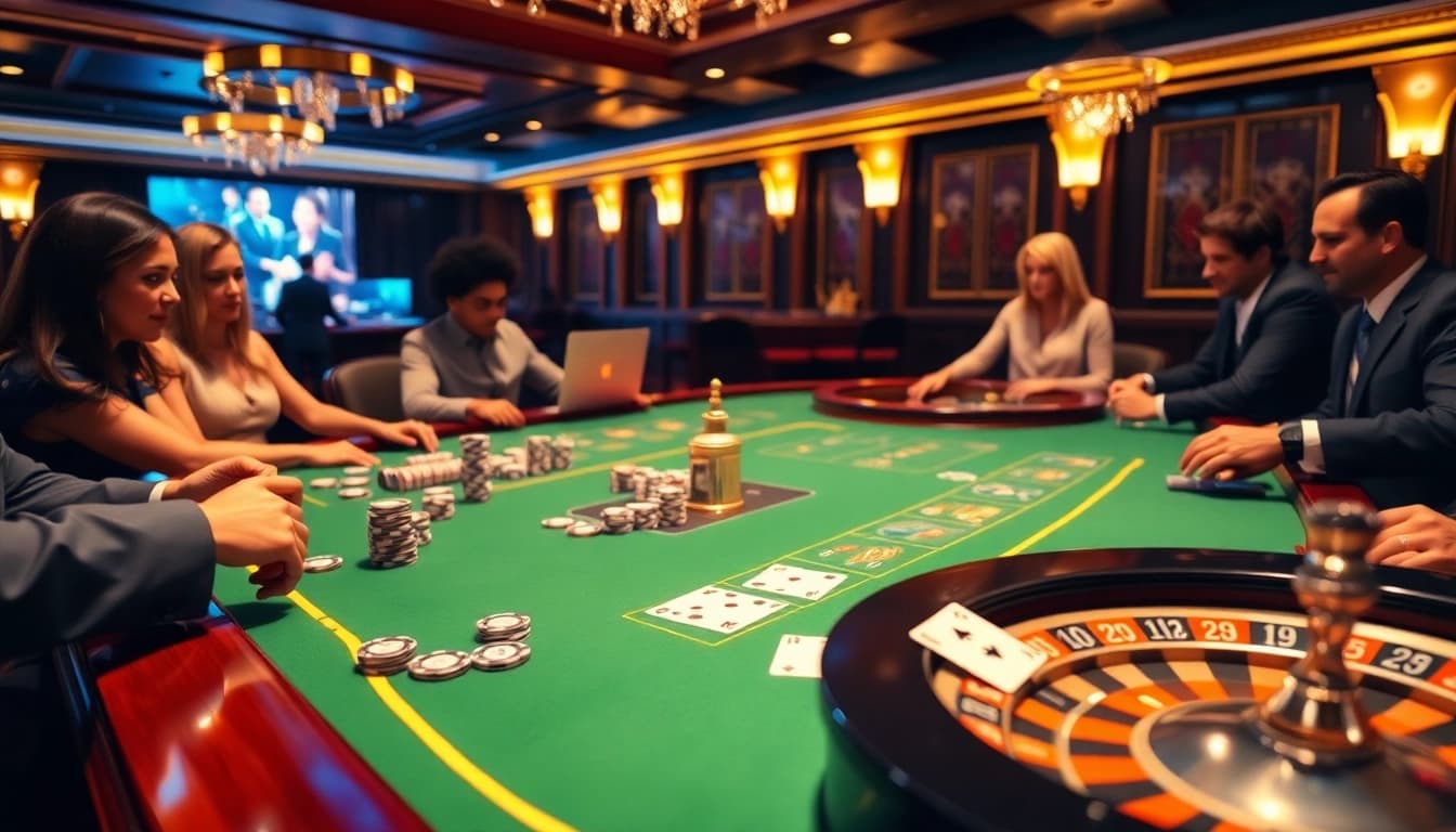 Experience the thrill of betting at the luxury table games of OK8386 casino, enticing players with vibrant chips and cards.