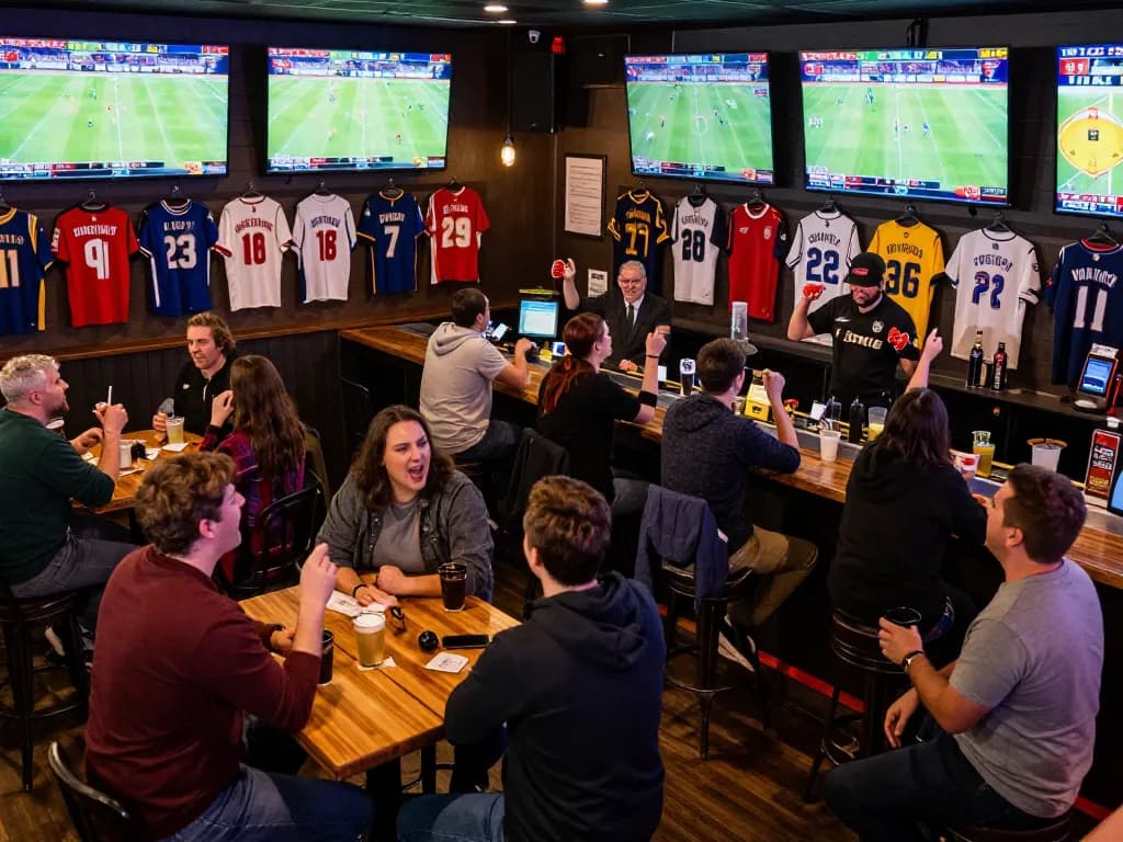 Patrons engaged in sports betting at a lively bar, showcasing cm88 as they discuss strategies and celebrate wins.