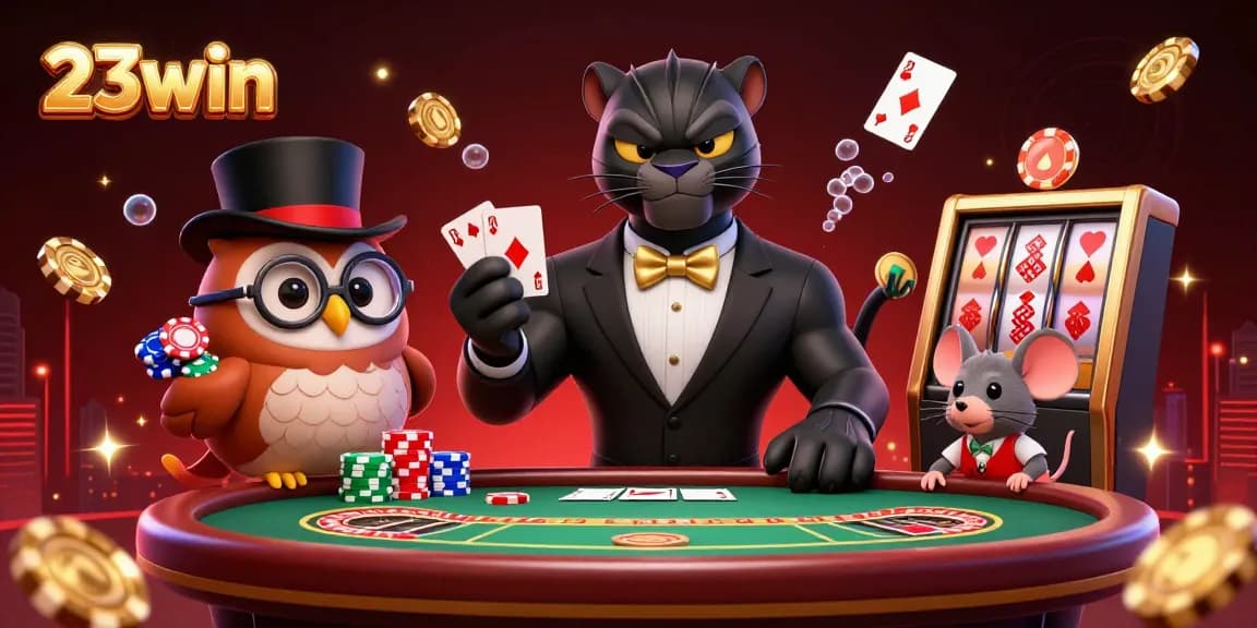 Engage in thrilling casino action with 23win, where a cartoon panther elegantly deals cards alongside a wise owl and a lucky mouse.