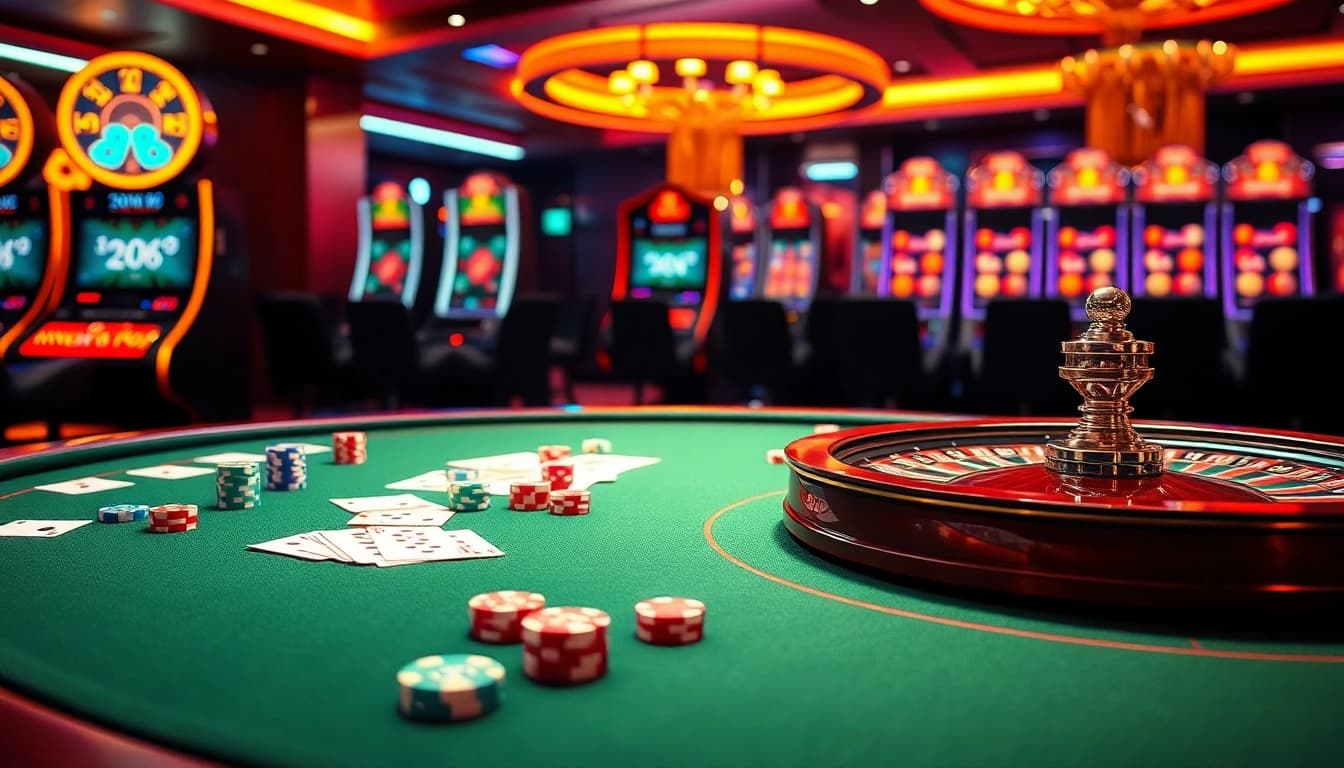Experience the thrill of gambling at King88 with vibrant casino tables and lively gaming atmosphere.