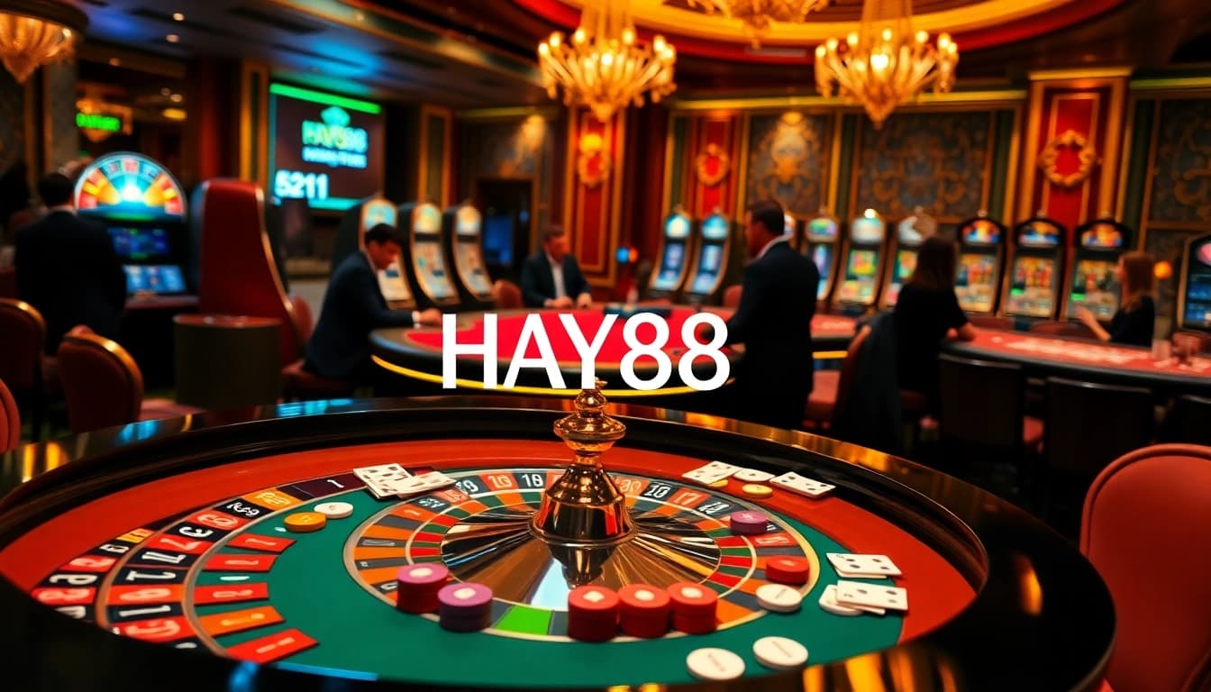 Players strategizing at the HAY88 poker table surrounded by vibrant casino elements.