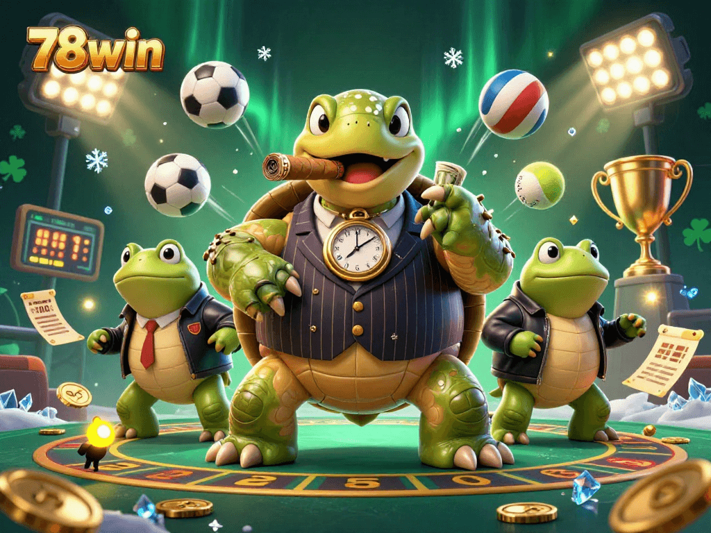 Experience thrilling gameplay with 78win's vibrant 3D casino scene of a turtle mobster.
