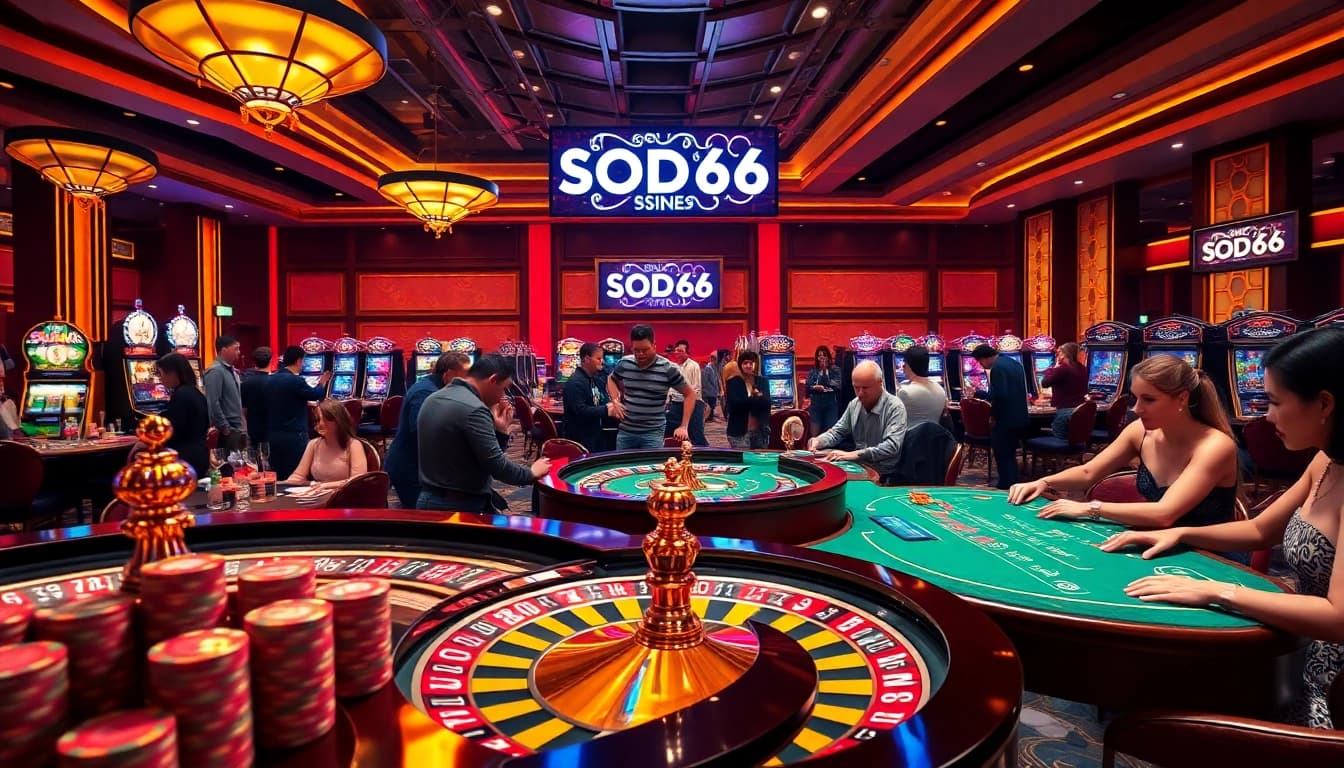 SODO66 casino scene featuring players at roulette and blackjack tables, vibrant ambiance.