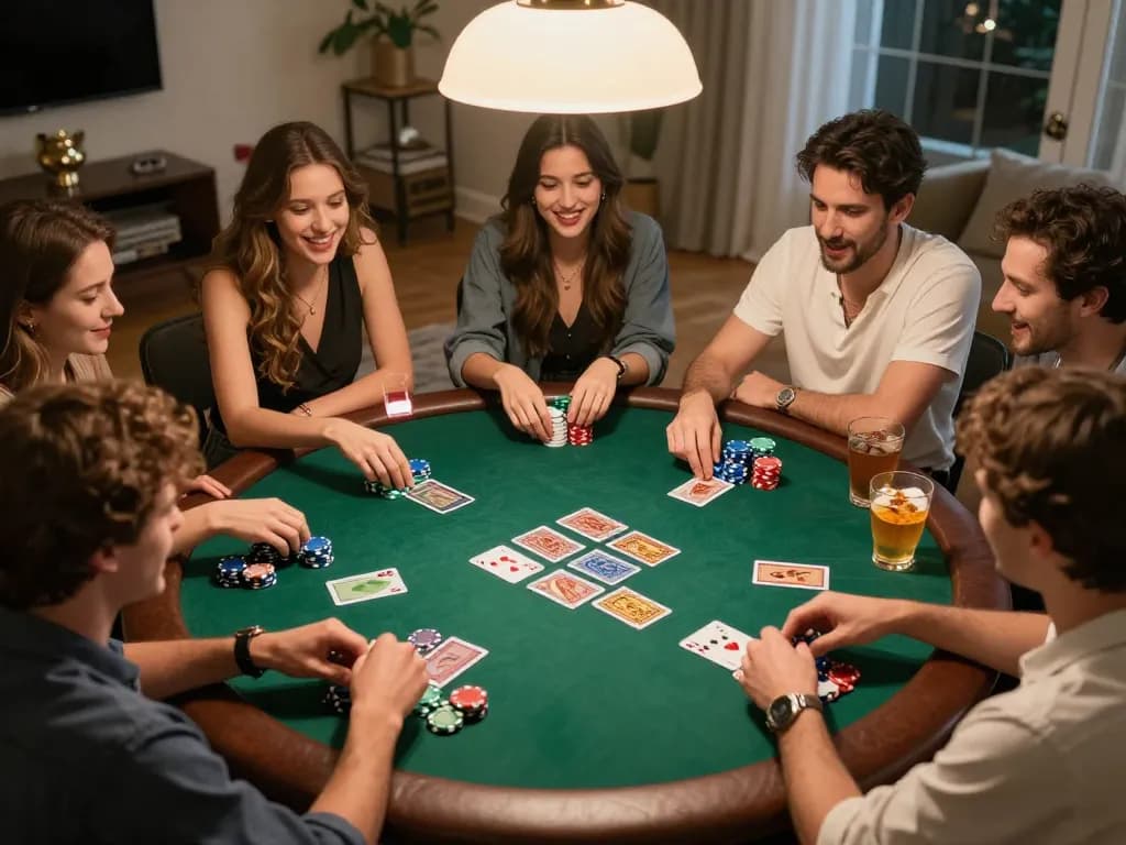 Exciting friends playing poker at home, highlighting the lively atmosphere of go8.