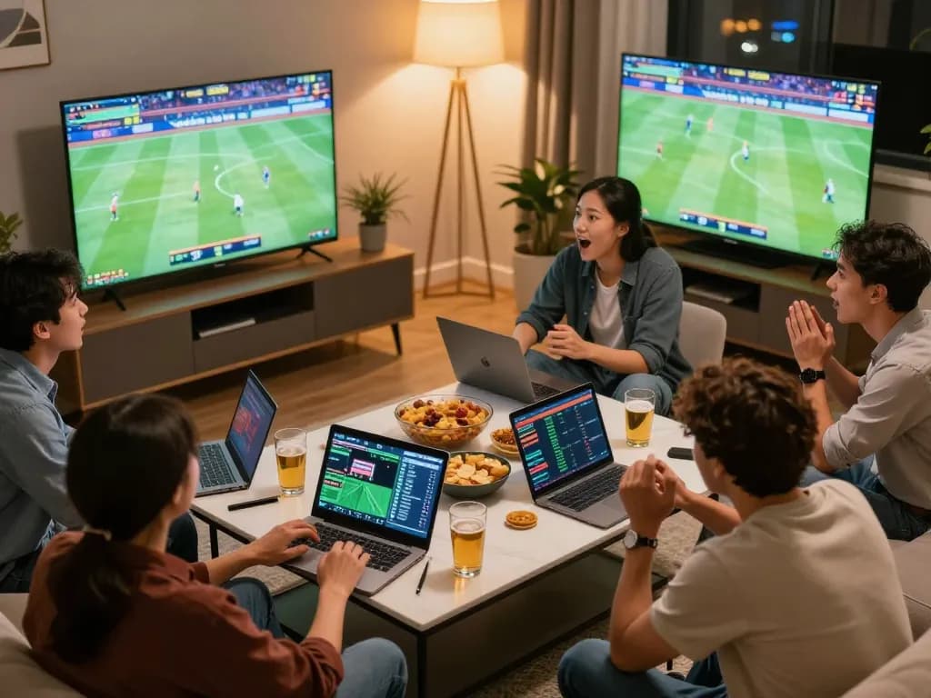 Friends engaging in sports betting excitement at home using the 88aa trang chủ app for a thrilling experience.