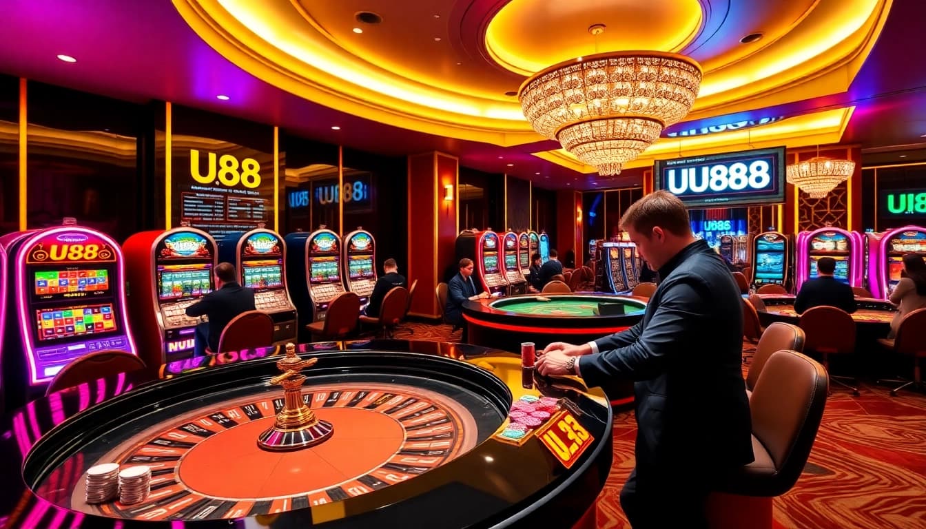 Engaging casino scene showcasing UU88 branding with roulette and slot machines.