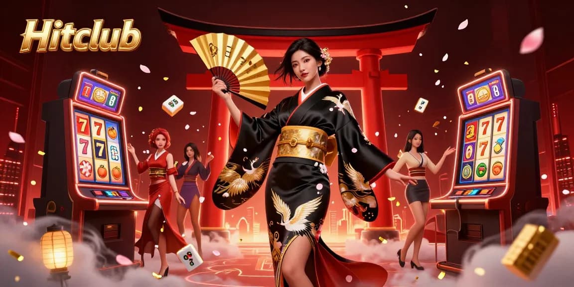 Experience the thrill of gambling at Hitclub with a captivating casino scene featuring slot machine reels, cherry blossoms, and golden lanterns.