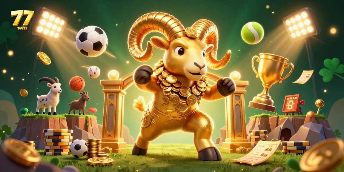 77win engages players with a thrilling 3D scene featuring a golden ram and dynamic sports elements.