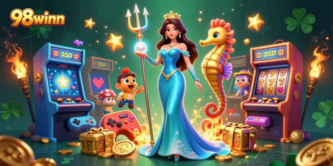 98winn casino scene showcases a captivating 3D woman and seahorse king amidst slot reels and gold.
