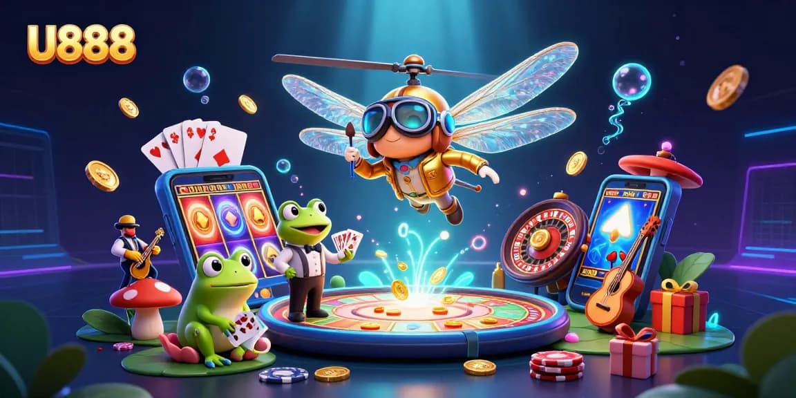 Experience thrilling gaming at U888 as the dragonfly pilot oversees a vibrant lily pad casino.