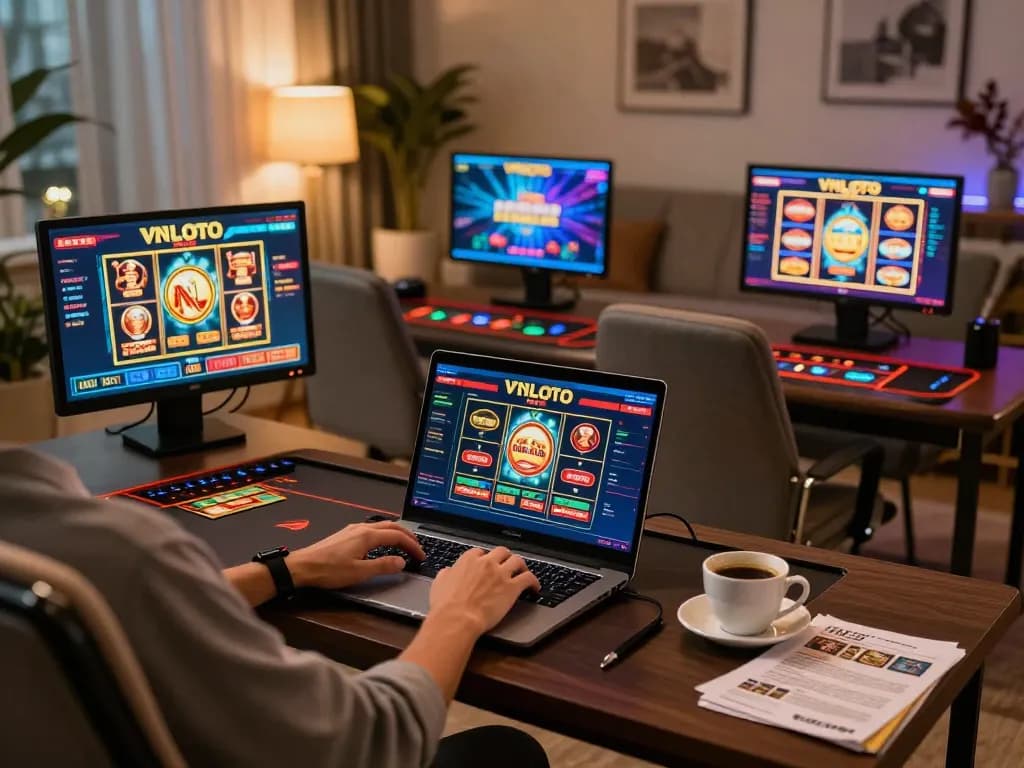 Engaged player exploring VNLOTO gaming options at home, focused on winning strategies.