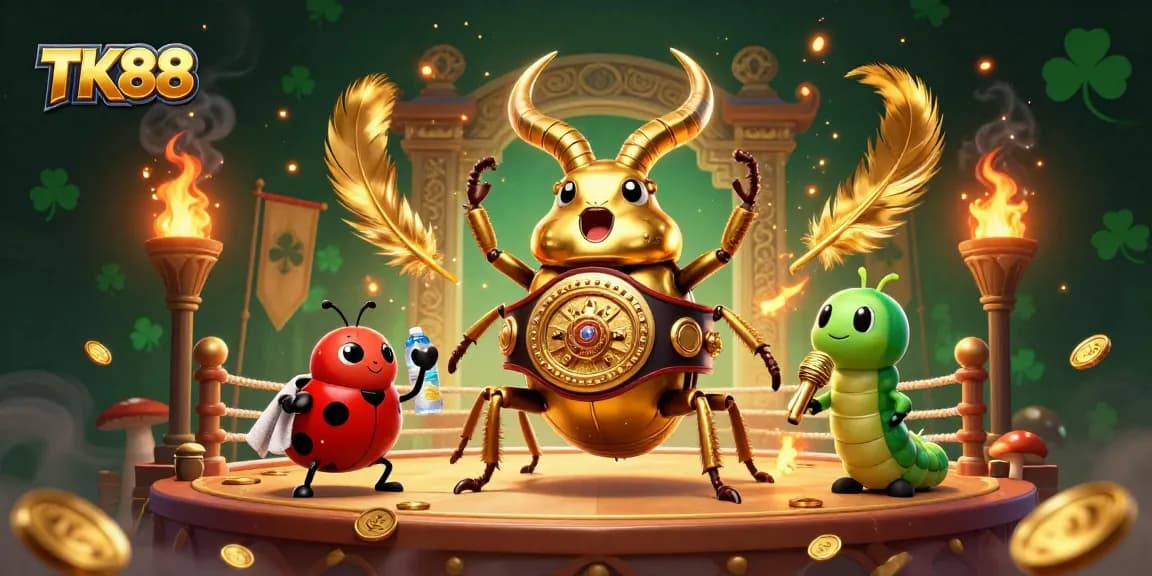 Engage with TK88's dynamic casino action featuring a golden stag beetle boxing champion in a vibrant scene.