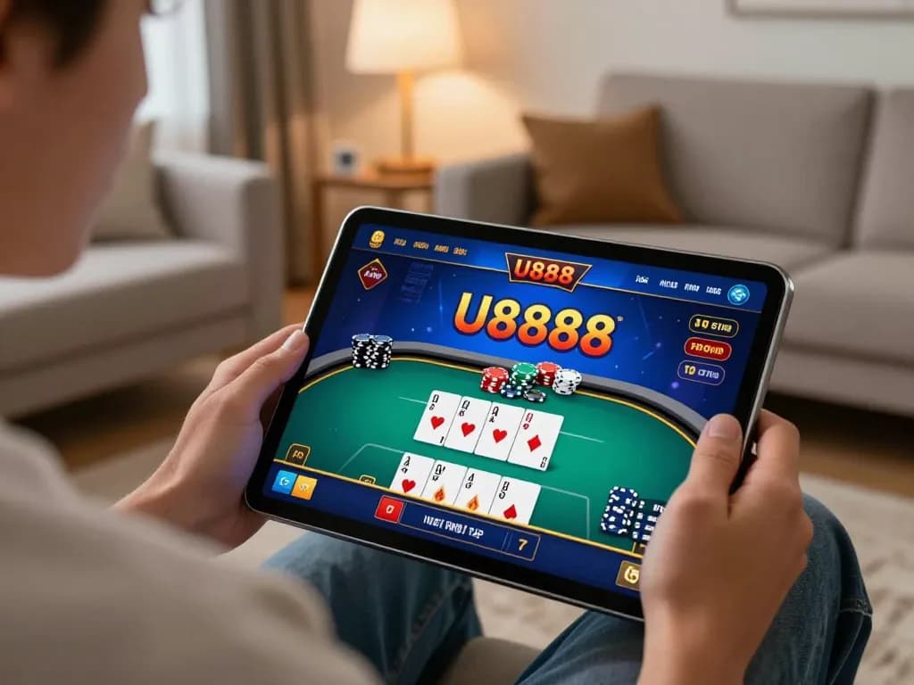 Engaging experience playing poker on U888 with tablet and cozy living room setting.