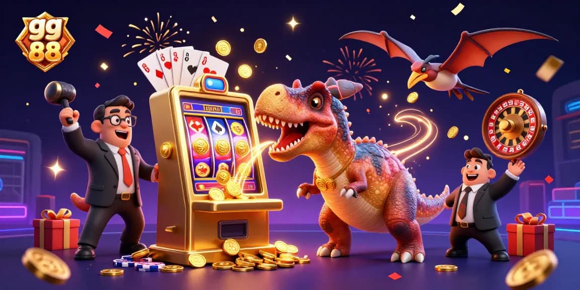 Experience the thrill of gg 88 with cartoon dinosaurs! A pachycephalosaurus wins a jackpot in a lively casino scene.