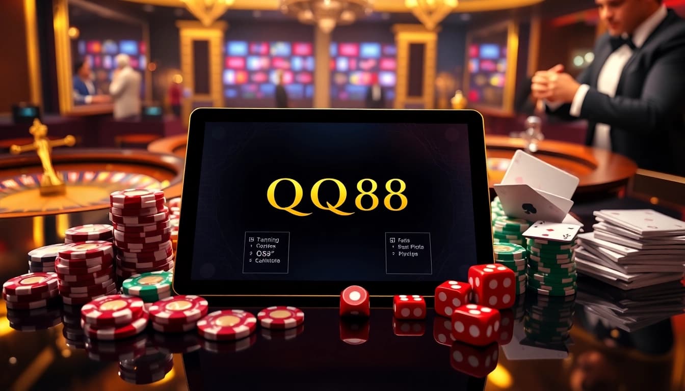 Experience the excitement of QQ88 with a luxurious online gaming setup featuring poker chips and cards.