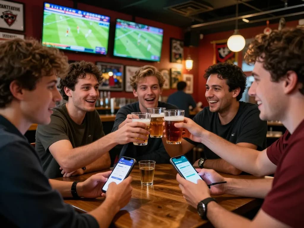Socolive user placing bets while watching sports with friends in an exciting bar atmosphere