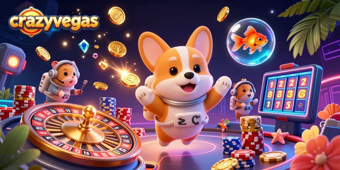 Experience the excitement at crazyvegas with a cartoon astronaut corgi exploring a space station casino.