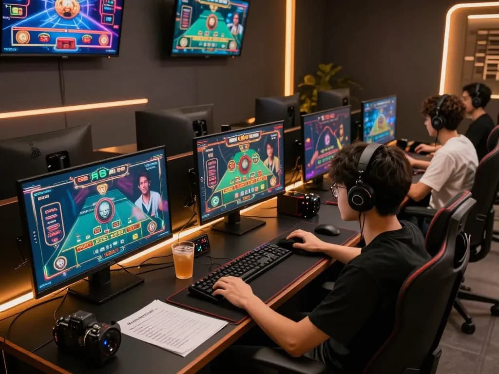 Win138 engaged player at an online casino gaming setup with multiple screens and strategic notes.