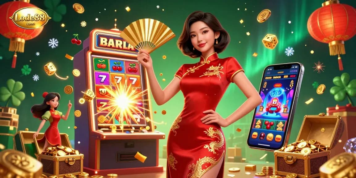 Spin win at Lode88 com with Asian woman celebrating amidst floating gold coins and slot machines.