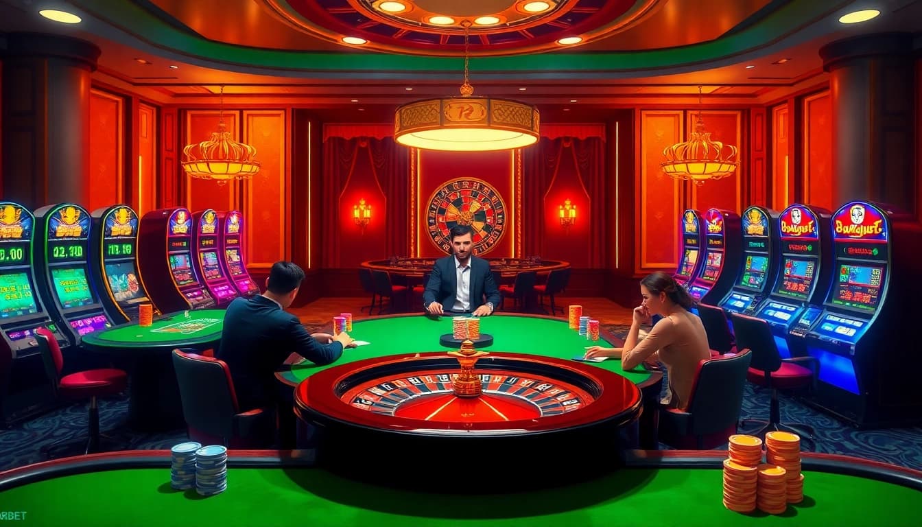 8KBET casino scene with poker tables and vibrant slot machines, capturing excitement and luxury.